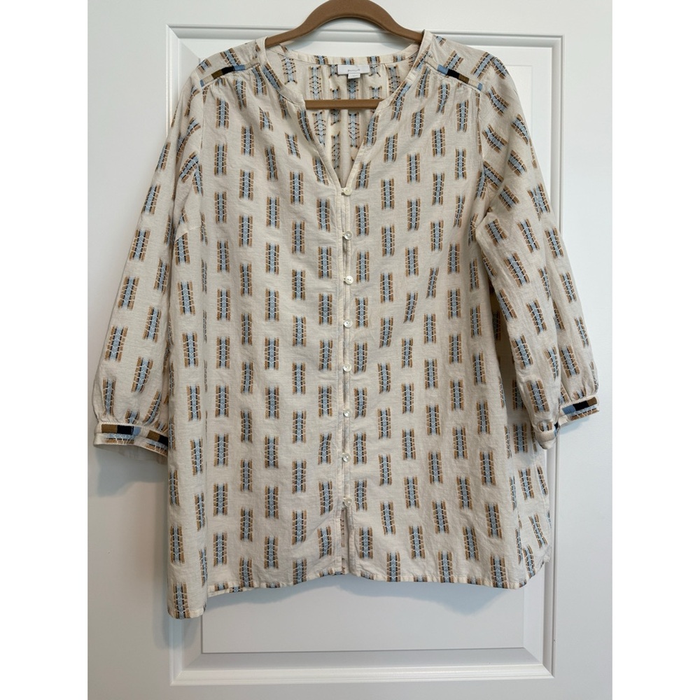 J. Jill Pure Jill Cotton Blend Blue Cream Mandarin Collar Embroidered Blouse L